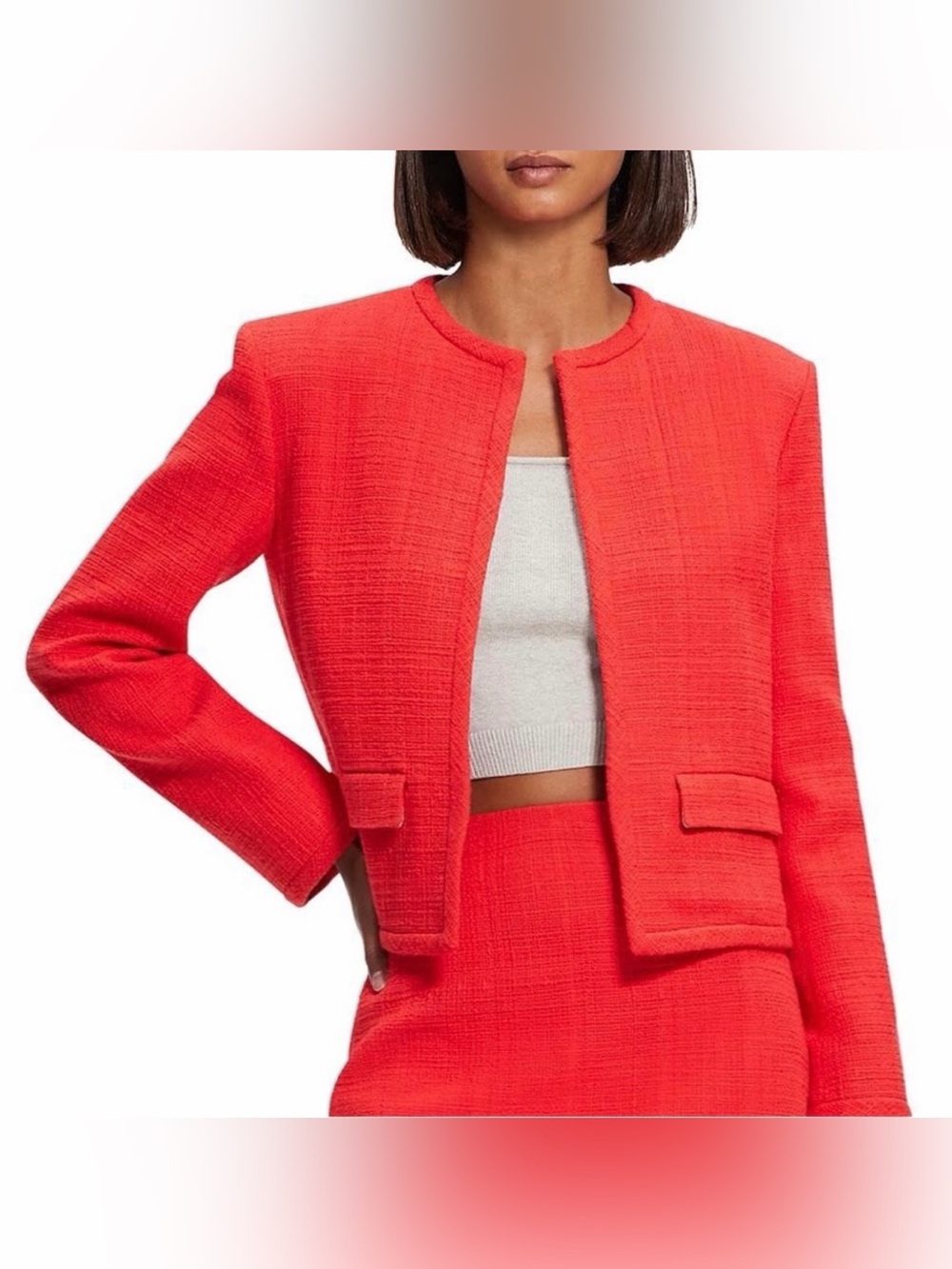 Theory Grenadine Red Tonal Tweed Cropped Blazer Jacket Size 6